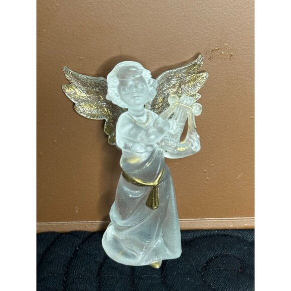 Frosted Angel Figurine With Golden Accents & Harp - Picture 1 of 6